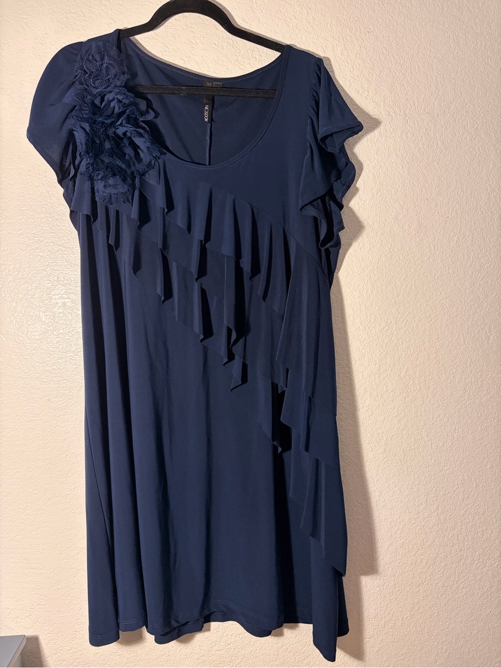 Ruffle-Trim Navy Mini Dress with Floral Accent